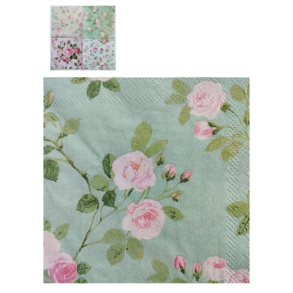 Set of 20 Four Unique Designs of Roses in One Floral Luncheon Napkins